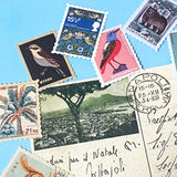 set of vintage style postage stamp stickers featuring birds, animals and plants on matte paper for journalling and scrapbooking
