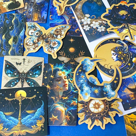 set of 50 dark celestial aesthetic stickers featuring stars, moons, planets, botanical illustrations and mystical designs in deep blue and gold tones