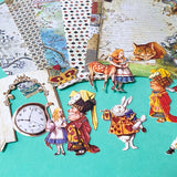alice in wonderland ephemera set with 5 vintage style paper sheets and 20 illustrated die cut out characters including alice, white rabbit, red queen, cheshire cat and humpty dumpty