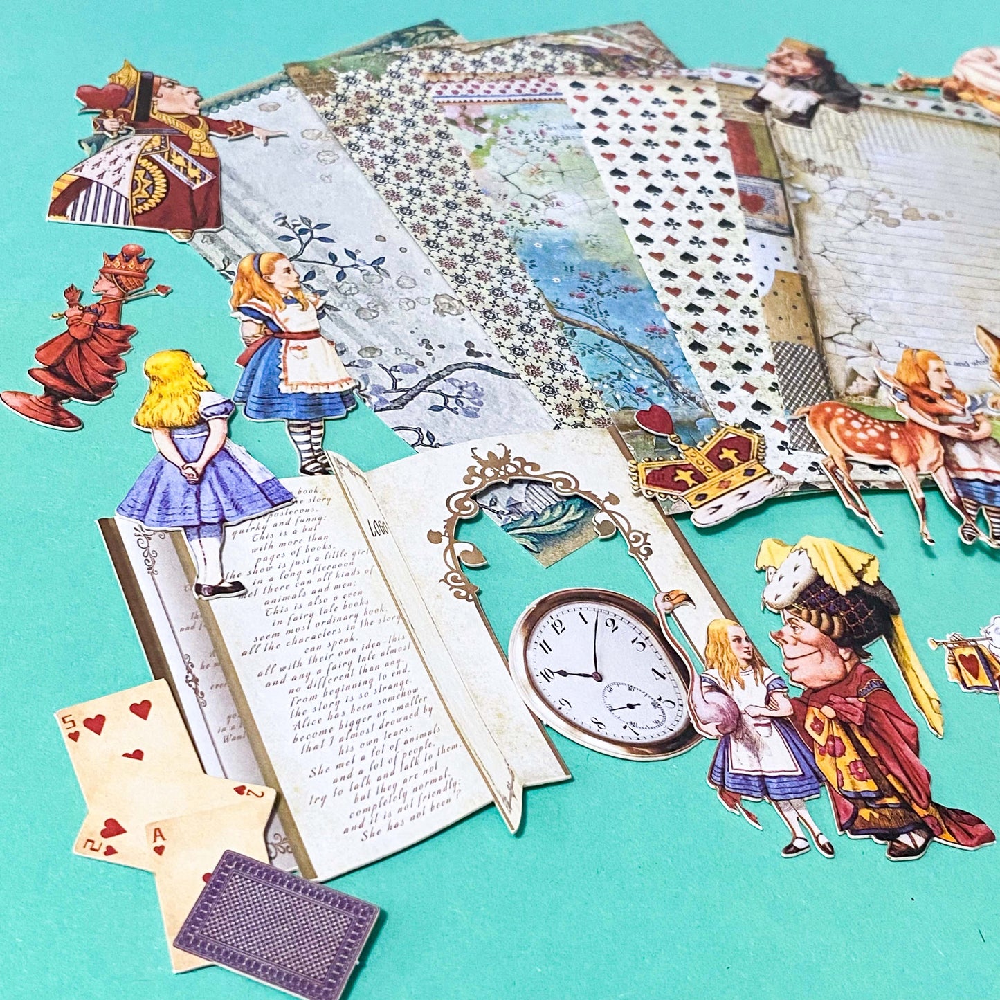 alice in wonderland ephemera set with 5 vintage style paper sheets and 20 illustrated die cut out characters including alice, white rabbit, red queen, cheshire cat and humpty dumpty