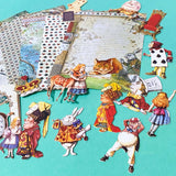 alice in wonderland ephemera set with 5 vintage style paper sheets and 20 illustrated die cut out characters including alice, white rabbit, red queen, cheshire cat and humpty dumpty