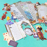 alice in wonderland ephemera set with 5 vintage style paper sheets and 20 illustrated die cut out characters including alice, white rabbit, red queen, cheshire cat and humpty dumpty