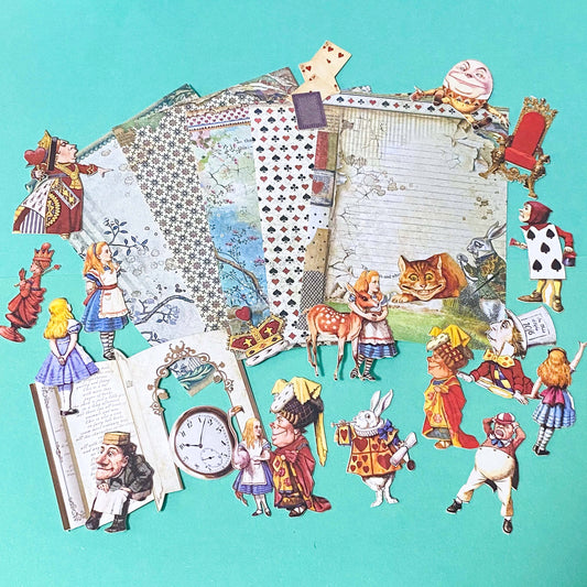 alice in wonderland ephemera set with 5 vintage style paper sheets and 20 illustrated die cut out characters including alice, white rabbit, red queen, cheshire cat and humpty dumpty