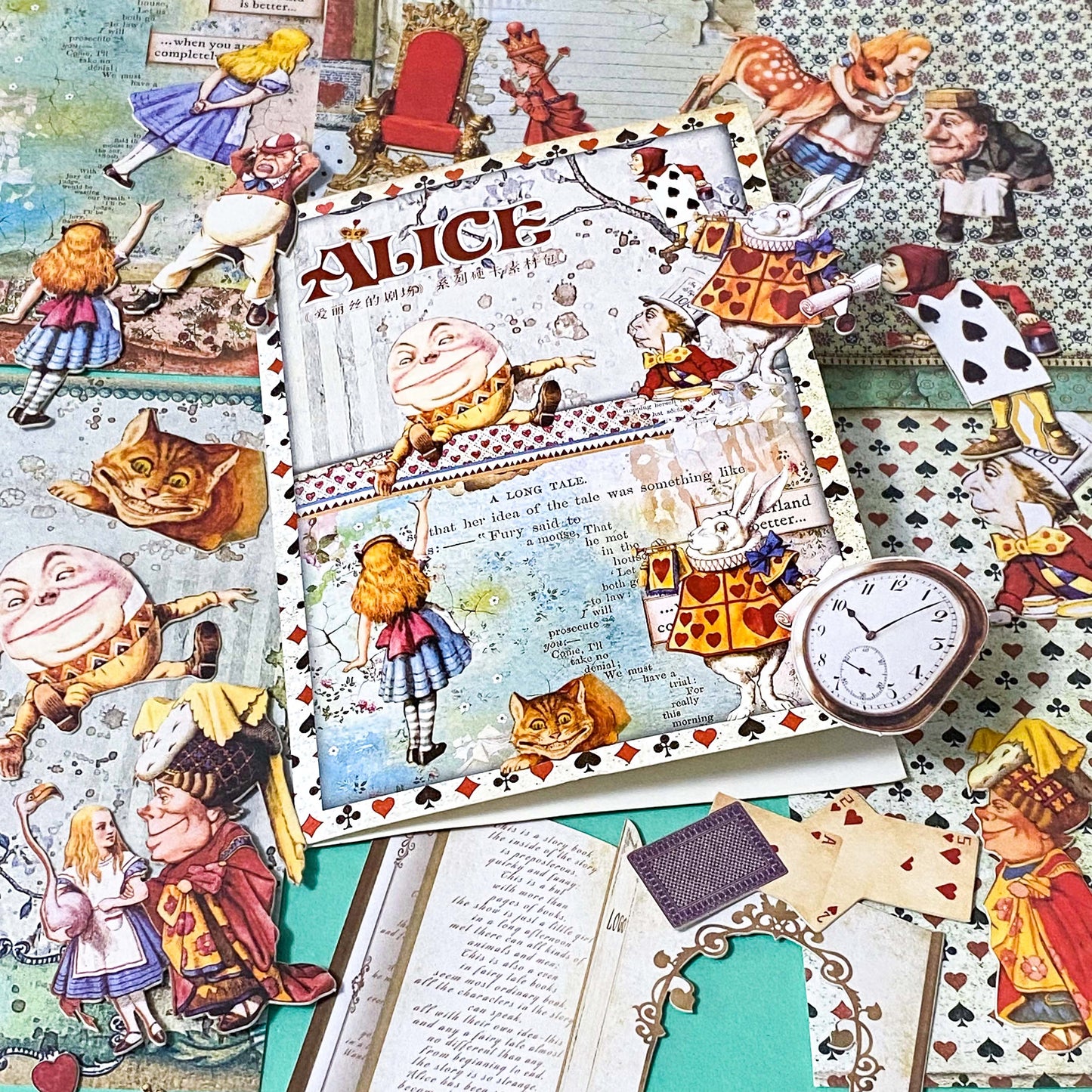 alice in wonderland ephemera set with 5 vintage style paper sheets and 20 illustrated die cut out characters including alice, white rabbit, red queen, cheshire cat and humpty dumpty
