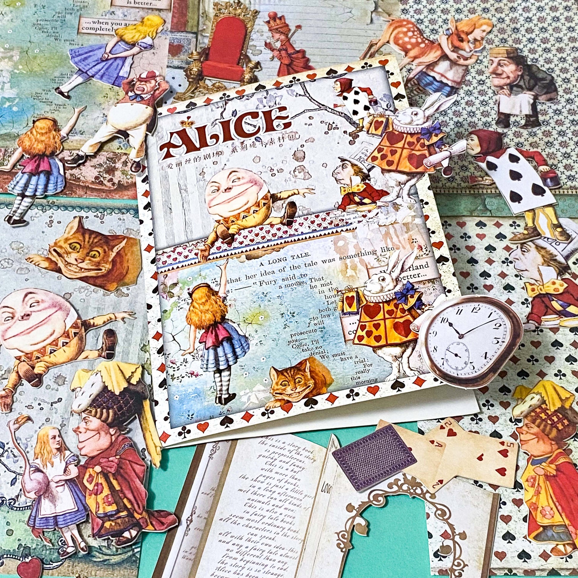 alice in wonderland ephemera set with 5 vintage style paper sheets and 20 illustrated die cut out characters including alice, white rabbit, red queen, cheshire cat and humpty dumpty