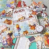 alice in wonderland ephemera set with 5 vintage style paper sheets and 20 illustrated die cut out characters including alice, white rabbit, red queen, cheshire cat and humpty dumpty