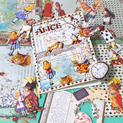 alice in wonderland ephemera set with 5 vintage style paper sheets and 20 illustrated die cut out characters including alice, white rabbit, red queen, cheshire cat and humpty dumpty