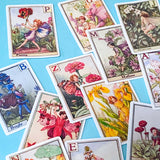 set of 24 vintage flower fairy alphabet stickers featuring botanical fairy illustrations with letters, satin finish and rounded corners