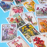 set of 24 vintage flower fairy alphabet stickers featuring botanical fairy illustrations with letters, satin finish and rounded corners