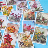 set of 24 vintage flower fairy alphabet stickers featuring botanical fairy illustrations with letters, satin finish and rounded corners