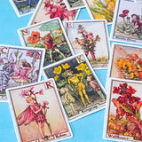 set of 24 vintage flower fairy alphabet stickers featuring botanical fairy illustrations with letters, satin finish and rounded corners