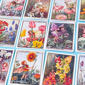 set of 16 large vintage style flower fairy satin stickers featuring botanical illustrations of fairies with flowers including lavender, tulip and poppy, with rounded corners