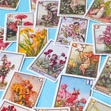set of 24 vintage flower fairy alphabet stickers featuring botanical fairy illustrations with letters, satin finish and rounded corners