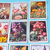 set of 16 large vintage style flower fairy satin stickers featuring botanical illustrations of fairies with flowers including lavender, tulip and poppy, with rounded corners