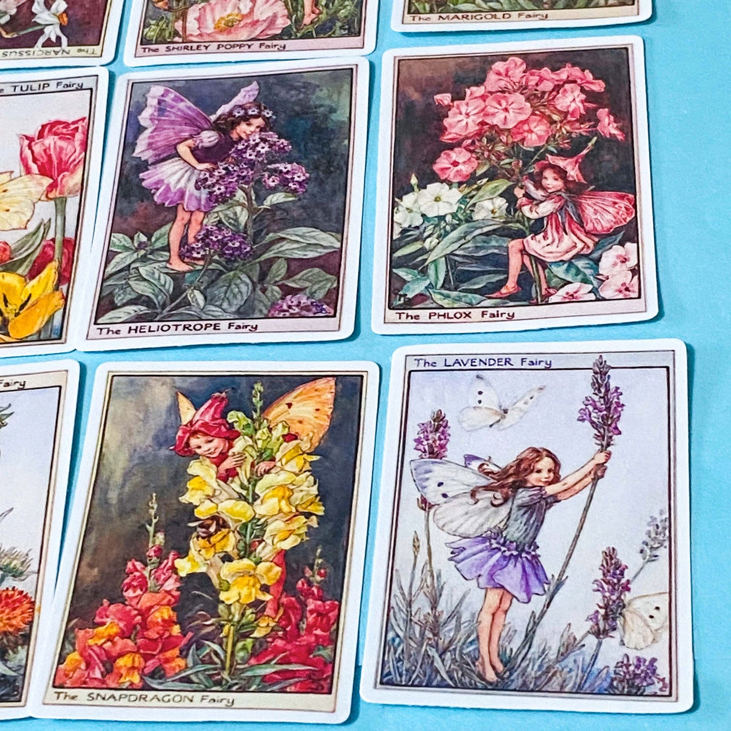 set of 16 large vintage style flower fairy satin stickers featuring botanical illustrations of fairies with flowers including lavender, tulip and poppy, with rounded corners