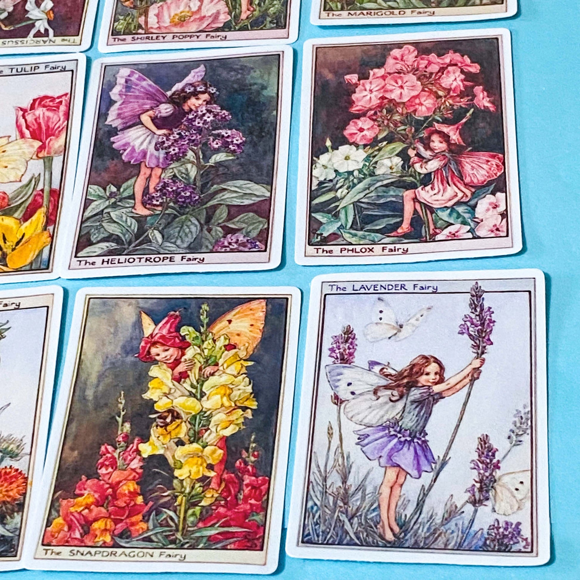 set of 16 large vintage style flower fairy satin stickers featuring botanical illustrations of fairies with flowers including lavender, tulip and poppy, with rounded corners