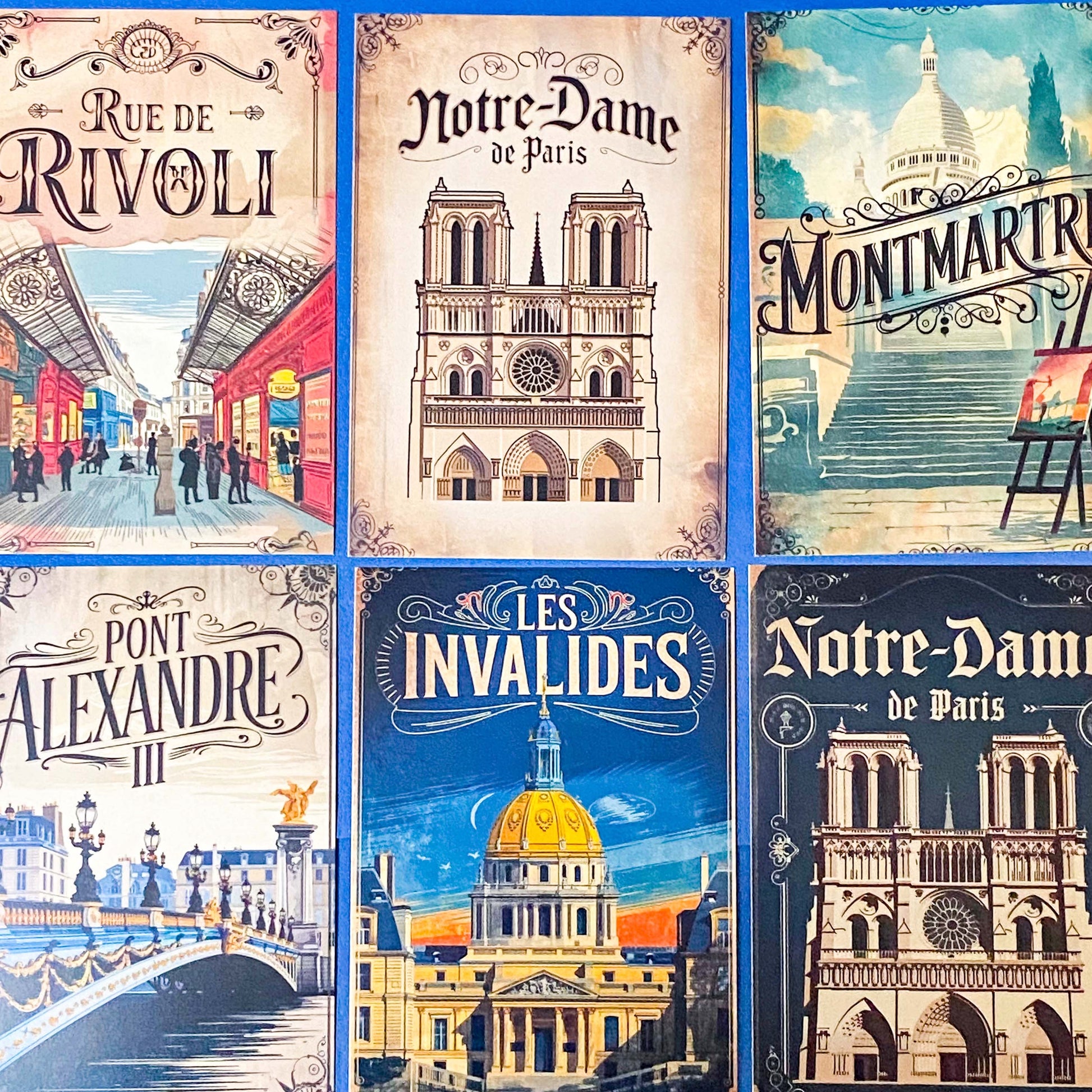 vintage style paris postcards featuring montmartre, notre dame, french cafe, Paris landmarks, travel advertisment art cards. Uk cute stationery.
