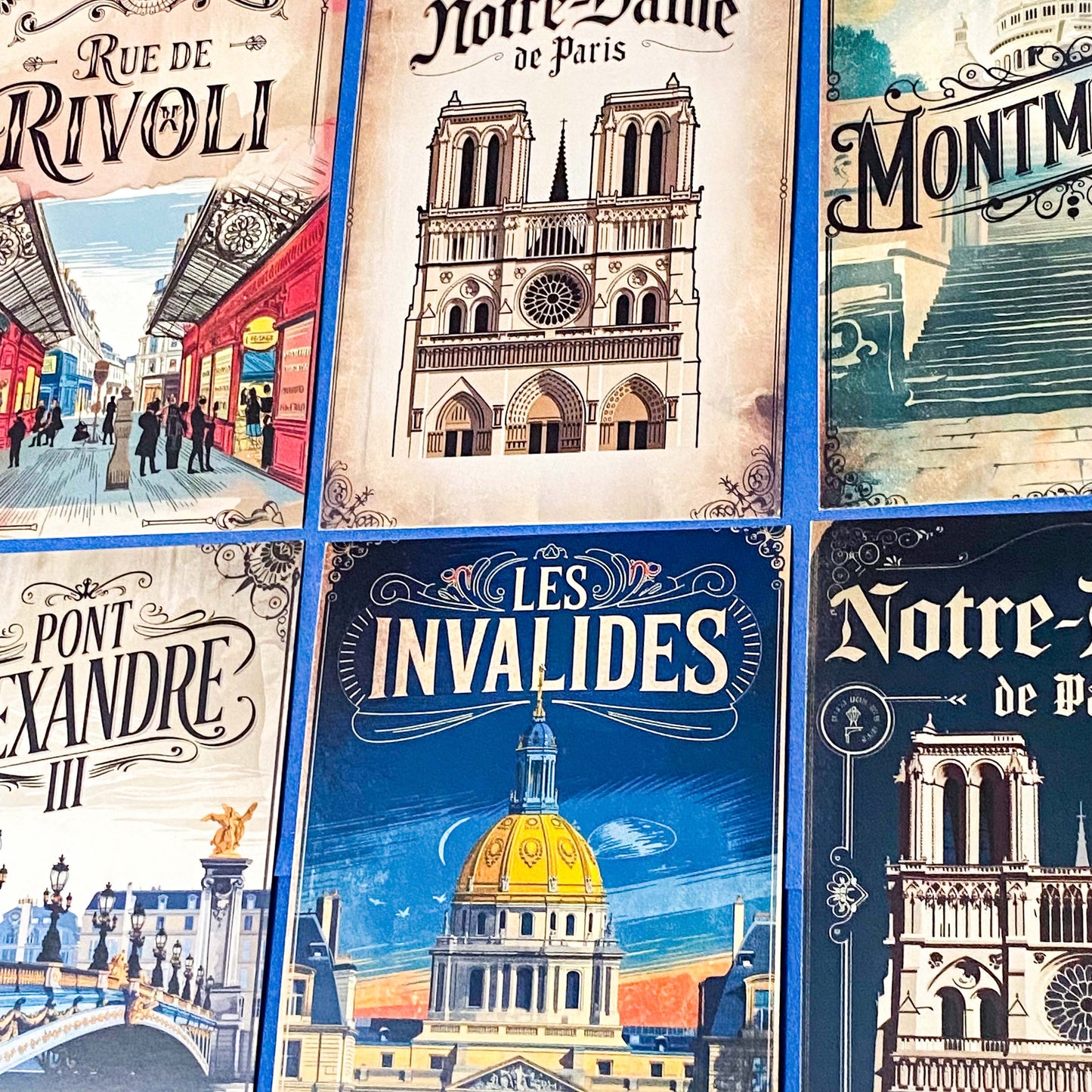vintage style paris postcards featuring montmartre, notre dame, french cafe, Paris landmarks, travel advertisment art cards. Uk cute stationery.