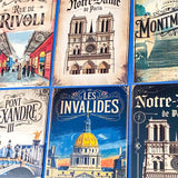 vintage style paris postcards featuring montmartre, notre dame, french cafe, Paris landmarks, travel advertisment art cards. Uk cute stationery.