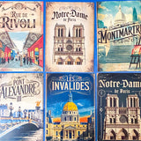 vintage style paris postcards featuring montmartre, notre dame, french cafe, Paris landmarks, travel advertisment art cards. Uk cute stationery.