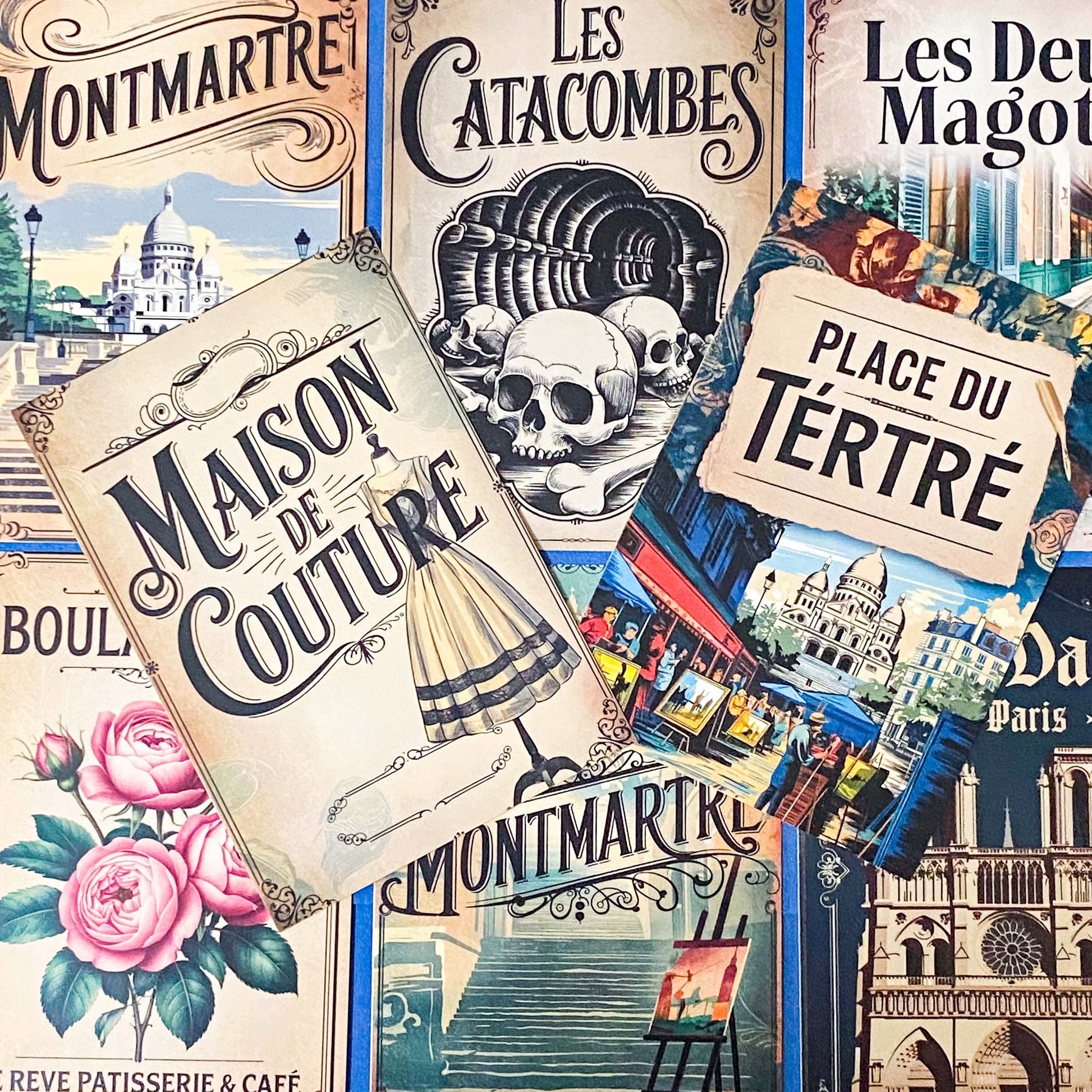 vintage style paris postcards featuring montmartre, notre dame, french cafe, Paris landmarks, travel advertisment art cards. Uk cute stationery.