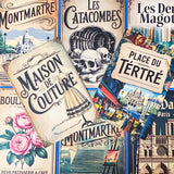 vintage style paris postcards featuring montmartre, notre dame, french cafe, Paris landmarks, travel advertisment art cards. Uk cute stationery.