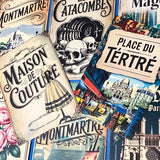 vintage style paris postcards featuring montmartre, notre dame, french cafe, Paris landmarks, travel advertisment art cards. Uk cute stationery.