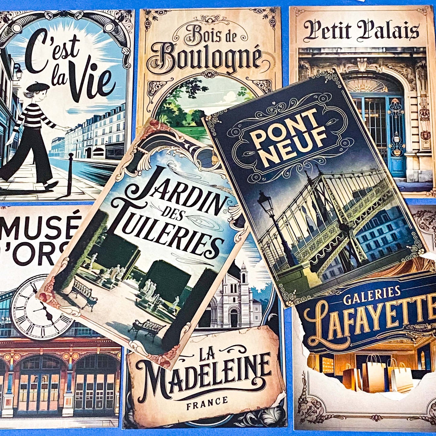 vintage style paris postcards featuring montmartre, notre dame, french cafe, Paris landmarks, travel advertisment art cards. Uk cute stationery.