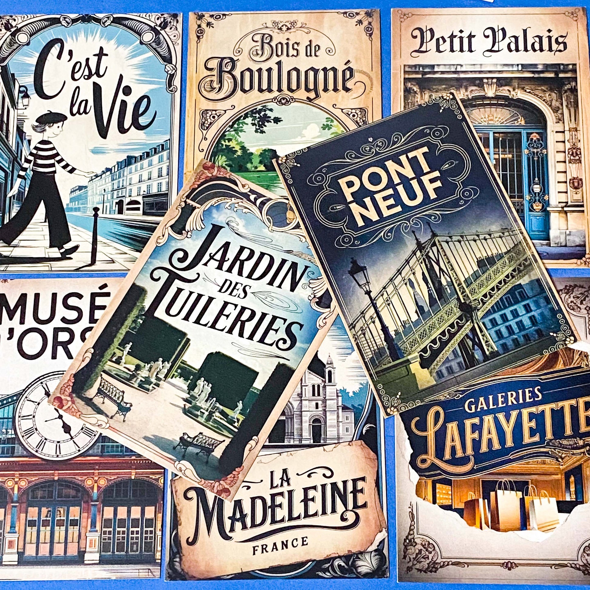 vintage style paris postcards featuring montmartre, notre dame, french cafe, Paris landmarks, travel advertisment art cards. Uk cute stationery.