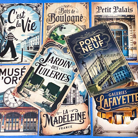 vintage style paris postcards featuring montmartre, notre dame, french cafe, Paris landmarks, travel advertisment art cards. Uk cute stationery.