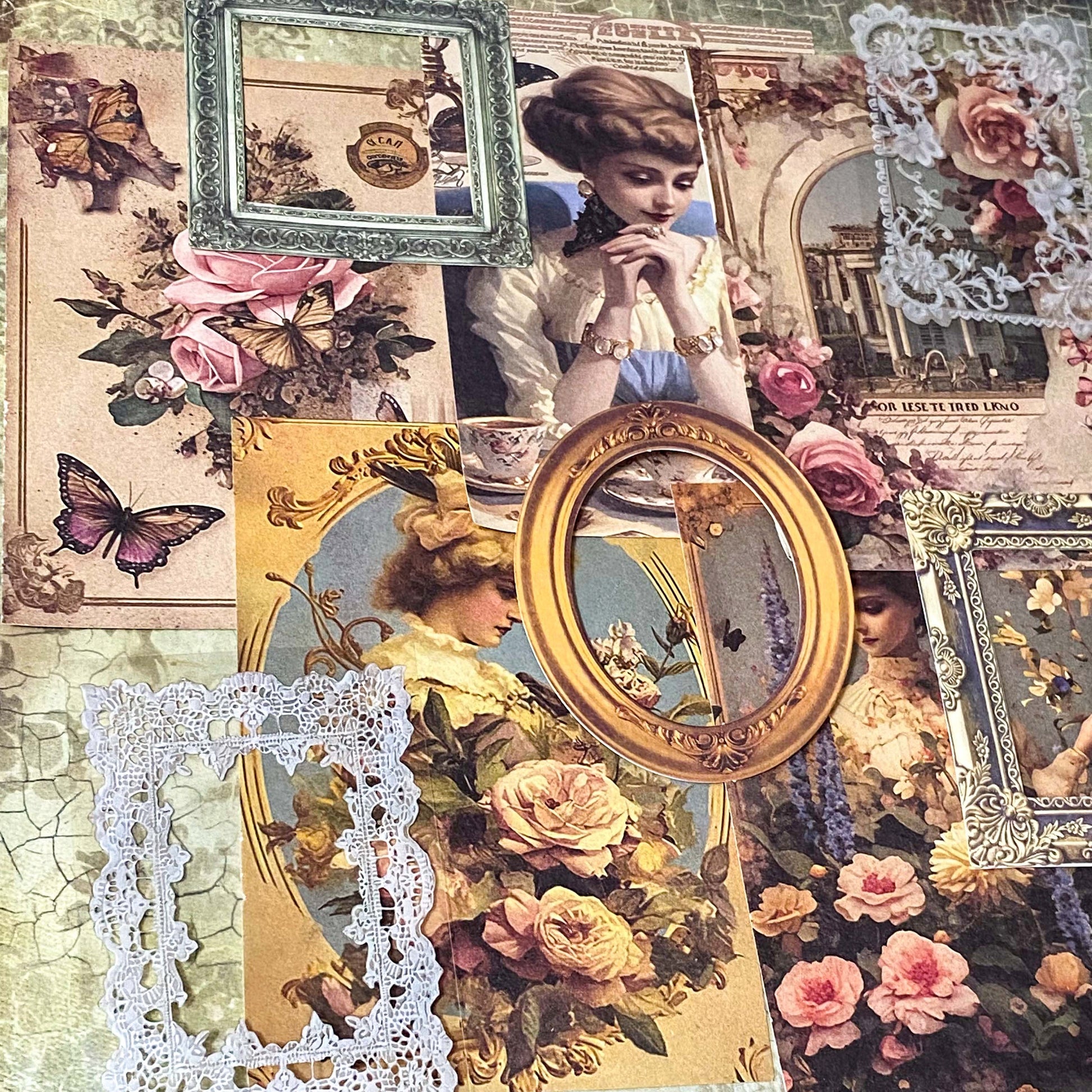 scrapbooking mini bundle of vintage sepia and roses papers, card frames, victorian postcard and clear white lace stickers. uk small gift shop.