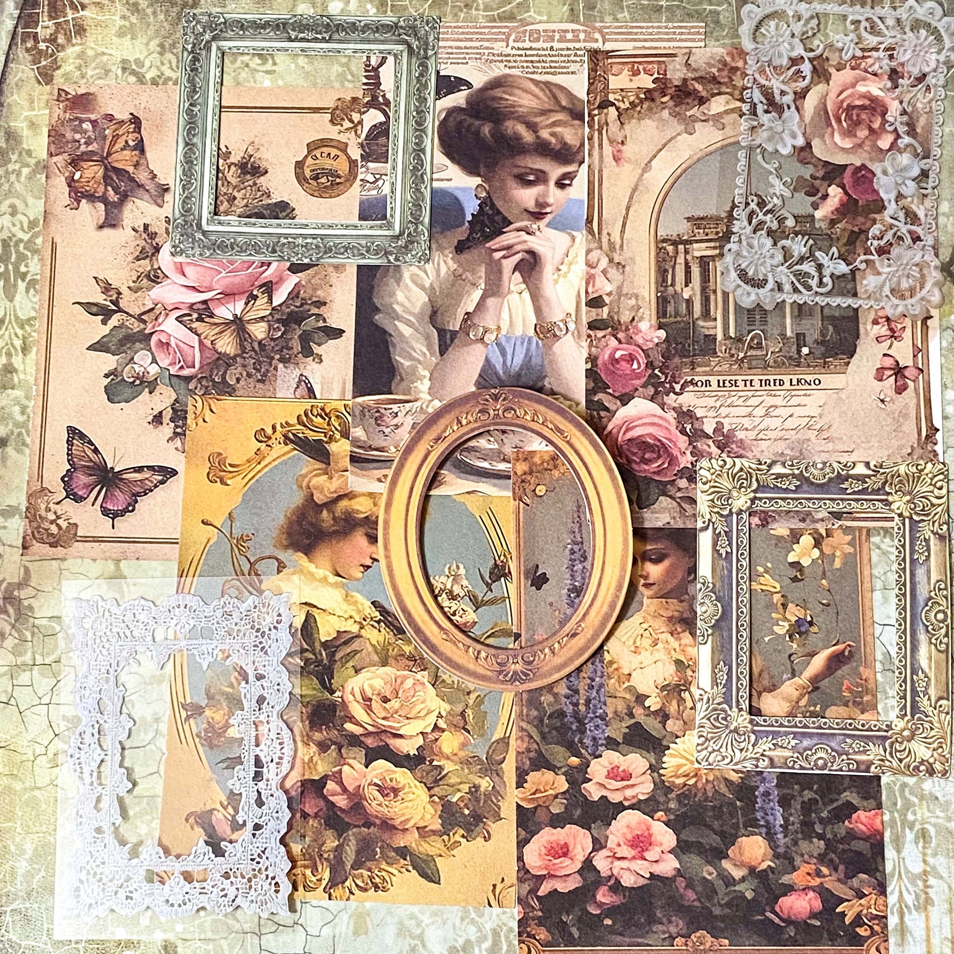 scrapbooking mini bundle of vintage sepia and roses papers, card frames, victorian postcard and clear white lace stickers. uk small gift shop.
