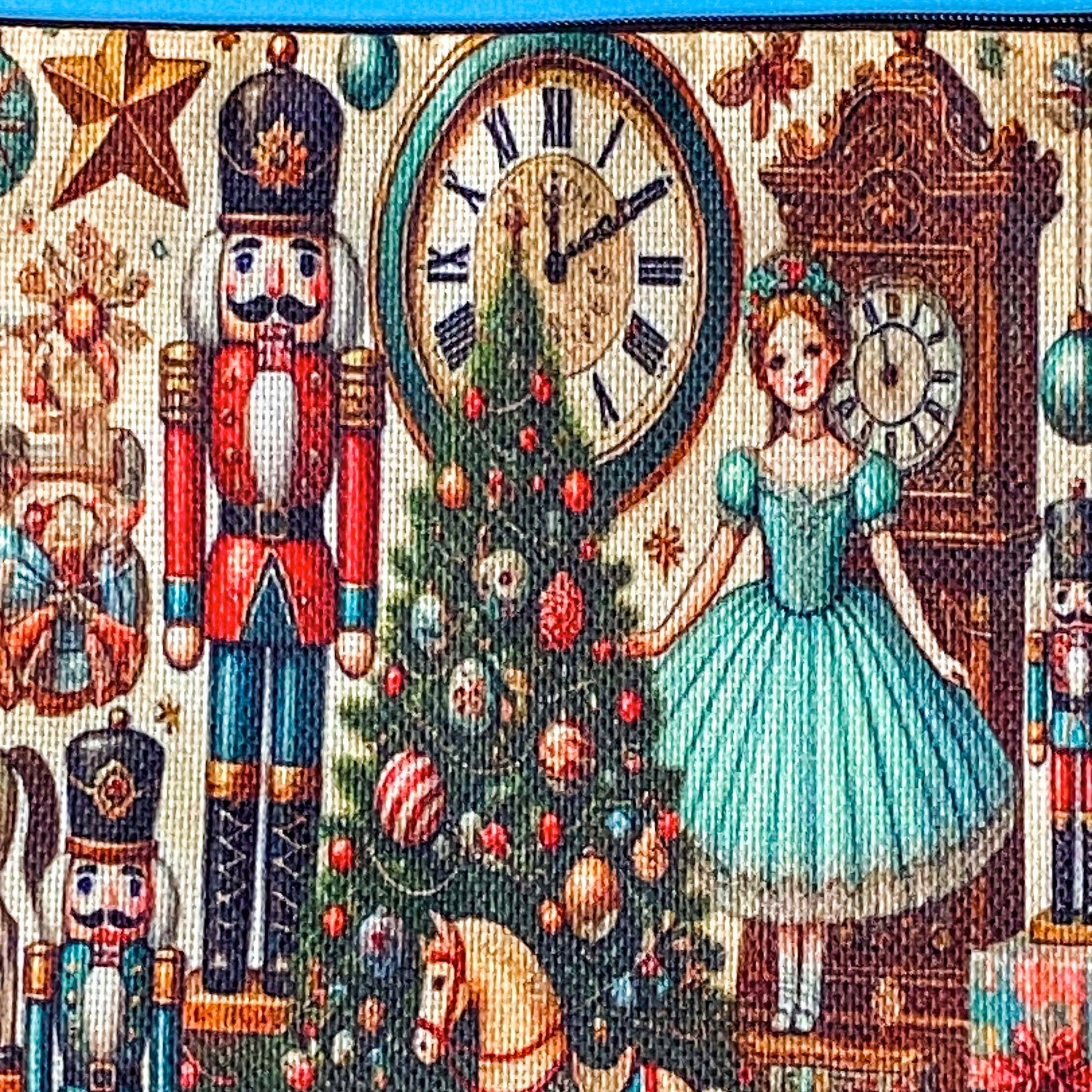 woven festive Christmas zip pouch featuring the nutcracker suite design with christmas tree, antique clocks rocking horses, ballerina, toys and presents on a cream fabric background.