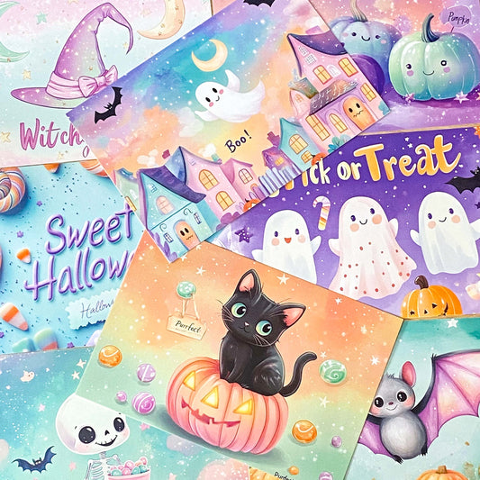 pastel cute kawaii halloween spooky postcard postcards post card cards set of 4 adorable pretty colours uk gift gifts stationery shop store witch cat cats witches pumpkin pumpkins haunted house houses ghost ghosts colourful