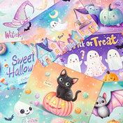 pastel cute kawaii halloween spooky postcard postcards post card cards set of 4 adorable pretty colours uk gift gifts stationery shop store witch cat cats witches pumpkin pumpkins haunted house houses ghost ghosts colourful