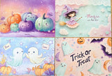 pastel cute kawaii halloween spooky postcard postcards post card cards set of 4 adorable pretty colours uk gift gifts stationery shop store witch cat cats witches pumpkin pumpkins haunted house houses ghost ghosts colourful