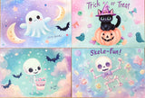 pastel cute kawaii halloween spooky postcard postcards post card cards set of 4 adorable pretty colours uk gift gifts stationery shop store witch cat cats witches pumpkin pumpkins haunted house houses ghost ghosts colourful