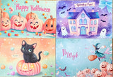 pastel cute kawaii halloween spooky postcard postcards post card cards set of 4 adorable pretty colours uk gift gifts stationery shop store witch cat cats witches pumpkin pumpkins haunted house houses ghost ghosts colourful