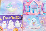 pastel cute kawaii halloween spooky postcard postcards post card cards set of 4 adorable pretty colours uk gift gifts stationery shop store witch cat cats witches pumpkin pumpkins haunted house houses ghost ghosts colourful