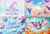 pastel cute kawaii halloween spooky postcard postcards post card cards set of 4 adorable pretty colours uk gift gifts stationery shop store witch cat cats witches pumpkin pumpkins haunted house houses ghost ghosts colourful