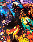 vibrant colourful art postcard postcards post card cards halloween spooky cute kawaii artwork uk stationery pack set bargain haunted house houses ghost ghosts witch witches pumpkin pumpkins orange blue black silhouette fun happy trick or treat