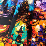 vibrant colourful art postcard postcards post card cards halloween spooky cute kawaii artwork uk stationery pack set bargain haunted house houses ghost ghosts witch witches pumpkin pumpkins orange blue black silhouette fun happy trick or treat