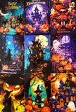 vibrant colourful art postcard postcards post card cards halloween spooky cute kawaii artwork uk stationery pack set bargain haunted house houses ghost ghosts witch witches pumpkin pumpkins orange blue black silhouette fun happy trick or treat