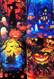 vibrant colourful art postcard postcards post card cards halloween spooky cute kawaii artwork uk stationery pack set bargain haunted house houses ghost ghosts witch witches pumpkin pumpkins orange blue black silhouette fun happy trick or treat