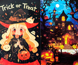 vibrant colourful art postcard postcards post card cards halloween spooky cute kawaii artwork uk stationery pack set bargain haunted house houses ghost ghosts witch witches pumpkin pumpkins orange blue black silhouette fun happy trick or treat