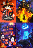 vibrant colourful art postcard postcards post card cards halloween spooky cute kawaii artwork uk stationery pack set bargain haunted house houses ghost ghosts witch witches pumpkin pumpkins orange blue black silhouette fun happy trick or treat