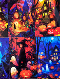 vibrant colourful art postcard postcards post card cards halloween spooky cute kawaii artwork uk stationery pack set bargain haunted house houses ghost ghosts witch witches pumpkin pumpkins orange blue black silhouette fun happy trick or treat