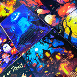 vibrant colourful art postcard postcards post card cards halloween spooky cute kawaii artwork uk stationery pack set bargain haunted house houses ghost ghosts witch witches pumpkin pumpkins orange blue black silhouette fun happy trick or treat