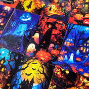 vibrant colourful art postcard postcards post card cards halloween spooky cute kawaii artwork uk stationery pack set bargain haunted house houses ghost ghosts witch witches pumpkin pumpkins orange blue black silhouette fun happy trick or treat