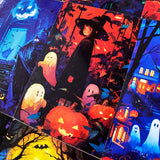 vibrant colourful art postcard postcards post card cards halloween spooky cute kawaii artwork uk stationery pack set bargain haunted house houses ghost ghosts witch witches pumpkin pumpkins orange blue black silhouette fun happy trick or treat